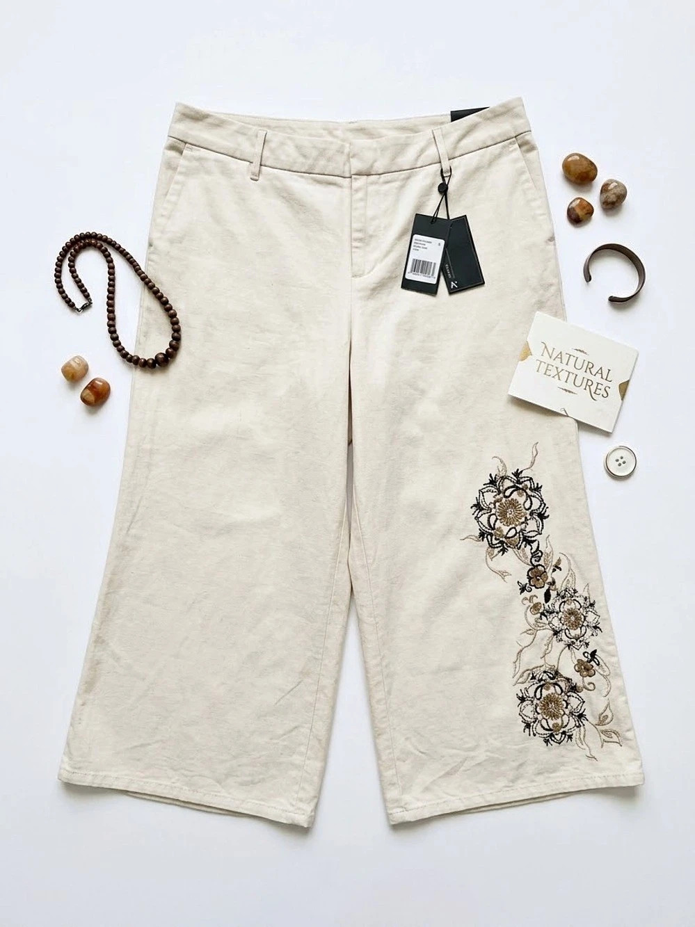 Venezia Gaucho Flared at Mid Calf Pants Floral Wide Leg Pants Cream Size 16 NWT
